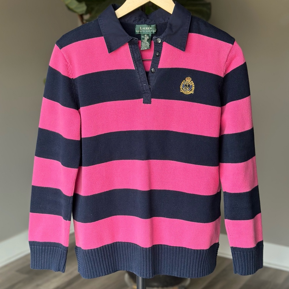 Lauren Ralph Lauren Pink Navy Striped Collared Rugby Long Sleeve Sweater Shirt - Picture 6 of 12